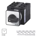 T3-5-8369/E Przełącznik zasilania, Styki: 10, 32 A, tabliczka: 1-2, 90 °, bez samopowrotu, montaż natablicowy, pokrętło czarne bez możliwości blokady