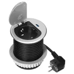 Gniazdo meblowe Ø6cm wpuszczane w blat z pokrywką, ładowarką USB i przewodem 1,9m, 1x2P+Z (Schuko), 1xUSB (typ C; PD20W), srebrne