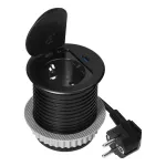 Gniazdo meblowe Ø6cm wpuszczane w blat z pokrywką, ładowarką USB i przewodem 1,9m, 1x2P+Z (Schuko), 1xUSB (typ C; PD20W), czarne