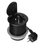 Gniazdo meblowe Ø6cm wpuszczane w blat z pokrywką, ładowarką USB i przewodem 1,9m, 1x2P+Z (French), 1xUSB (typ C; PD20W), czarne