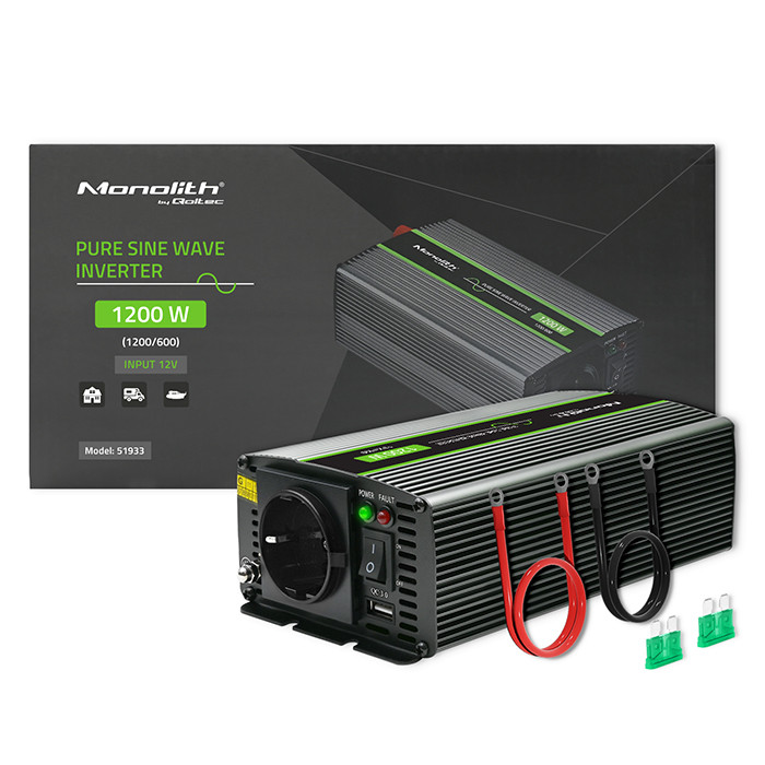 Qoltec Przetwornica napięcia Monolith | 600W | 1200W | 12V na 230V | Czysty Sinus