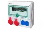 Rozdzielnica RSS03 IP44 okienko inspekcyjne 12 modułów wyposażona w okablowanie do podłączenia zabezpieczeń z gniazdami: 2x16A 3P+N+Z 400V~ 2x16A 2P+Z 250V~