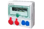 Rozdzielnica RSS03 IP44 okienko inspekcyjne 12 modułów wyposażona w okablowanie do podłączenia zabezpieczeń z gniazdami: 1x32A 3P+N+Z 400V~ 1x16A 3P+N+Z 400V~ 2x16A 2P+Z 250V~