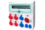 Rozdzielnica RSS05 IP44 okienko inspekcyjne 18 modułów wyposażona w okablowanie do podłączenia zabezpieczeń z gniazdami: 1x63A 3P+N+Z 400V~ 2x32A 3P+N+Z 400V~ 2x16A 3P+N+Z 400V~ 2x32A 2P+Z 250V~ 6h 2x16A 2P+Z 250V~