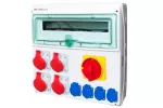 Rozdzielnica RSS05 IP44 Rozdzielnica rozłącznikiem włącz-wyłącz 100A okienko inspekcyjne 18 modułów wyposażona w okablowanie do podłączenia zabezpieczeń z gniazdami: 4x16A 3P+N+Z 400V~ 4x16A 2P+Z 250V~