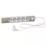 Odace, przedłużacz 5-gniazdowy z łącznikiem 2xUSB, 1,5m biały/szczotkowany brąz