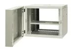 Szafa wisząca dzielona 19'' 9U, drzwi blacha/szkło, ściągane osłony boczne z zamkiem, tył zamek 600×550×500 szer./gł./wys. mm; RAL: szafa 7044