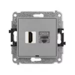 ICON Mechanizm gniazda pojedynczego HDMI 2.1, 8K + gniazda komp. poj. 1xRJ45, kat. 8, ekranowany, 8-stykowy, bez pola opisowego szary mat
