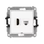 MINI Mechanizm gniazda pojedynczego HDMI 2.0, 4K + gniazda komp. poj. 1xRJ45, kat. 6A, 8-stykowy, bez pola opisowego biały mat