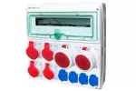 Rozdzielnica RSS05 IP44 okienko inspekcyjne 18 modułów wyposażona w okablowanie do podłączenia zabezpieczeń z gniazdami: 2x63A 3P+N+Z 400V~ 2x32A 3P+N+Z 400V~ 2x16A 3P+N+Z 400V~ 4x16A 2P+Z 250V~
