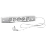Odace, przedłużacz 5-gniazdowy z łącznikiem 2xUSB, 1,5m biały/szczotkowane aluminium