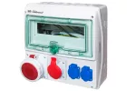 Rozdzielnica RSS03 IP44 okienko inspekcyjne 12 modułów wyposażona w okablowanie do podłączenia zabezpieczeń z gniazdami: 1x63A 3P+N+Z 400V~ 1x16A 3P+N+Z 400V~ 2x16A 2P+Z 250V~