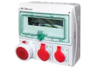Rozdzielnica RSS03 IP44 okienko inspekcyjne 12 modułów wyposażona w okablowanie do podłączenia zabezpieczeń z gniazdami: 1x63A 3P+N+Z 400V~ 1x32A 3P+N+Z 400V~ 1x16A 3P+N+Z 400V~
