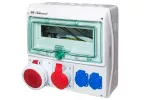 Rozdzielnica RSS03 IP44 okienko inspekcyjne 12 modułów wyposażona w okablowanie do podłączenia zabezpieczeń z gniazdami: 1x63A 3P+N+Z 400V~ 1x32A 3P+N+Z 400V~ 2x16A 2P+Z 250V~