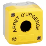Pusta obudowa, żółta, z szarą podstawą, 1 wywiercenie, ARRET D'URGENCE/logo ISO13850 Harmony XALK