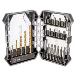 Zestaw wierteł i bitów 22 szt. - HSS 3, 4, 5, 6, 8 mm, bity 25 mm 10 szt., bity 50 mm - 6 szt., uchw