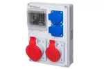 Rozdzielnica RSK2 IP44 okienko inspekcyjne 4 moduły wyposażona w okablowanie do podłączenia zabezpieczeń z gniazdami: 1x16A 3P+N+Z 400V~ 1x32A 3P+N+Z 400V~ 2x16A 2P+Z 250V~