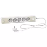 Odace, przedłużacz 5-gniazdowy z łącznikiem 2xUSB, 1,5m biały/drewno nordic