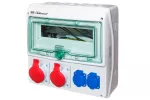 Rozdzielnica RSS03 IP44 okienko inspekcyjne 12 modułów wyposażona w okablowanie do podłączenia zabezpieczeń z gniazdami: 2x32A 3P+N+Z 400V~ 2x16A 2P+Z 250V~
