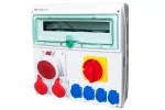 Rozdzielnica RSS05 IP44 Rozdzielnica rozłącznikiem włącz-wyłącz 100A okienko inspekcyjne 18 modułów wyposażona w okablowanie do podłączenia zabezpieczeń z gniazdami: 1x63A 3P+N+Z 400V~ 2x16A 3P+N+Z 400V~ 4x16A 2P+Z 250V~