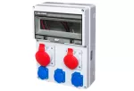 Rozdzielnica RSE04 IP54 okienko inspekcyjne 12 moduły wyposażona w okablowanie do podłączenia zabezpieczeń z gniazdami: 1x16A 3P+N+Z 400V~ 1x32A 3P+N+Z 400V~ 3x16A 2P+Z 250V~
