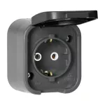 Gniazdo pojedyncze n/t 2P+Z, Schuko, bryzgoszczelne z klapką B2, IP54, NT-17B2, szary/czarny