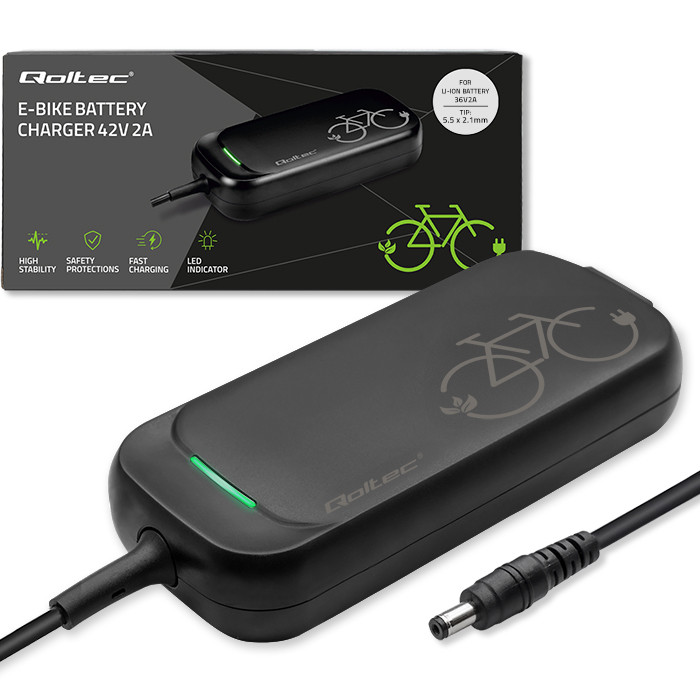 Qoltec Szybka Ładowarka do roweru skutera elektrycznego 36V | 42V | 2A | 5.5*2.1 | wodoodporna +kabel zasilający