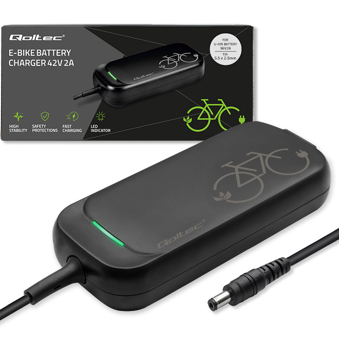 Qoltec Szybka Ładowarka do roweru skutera elektrycznego 36V | 42V | 2A | 5.5*2.5 | wodoodporna +kabel zasilający