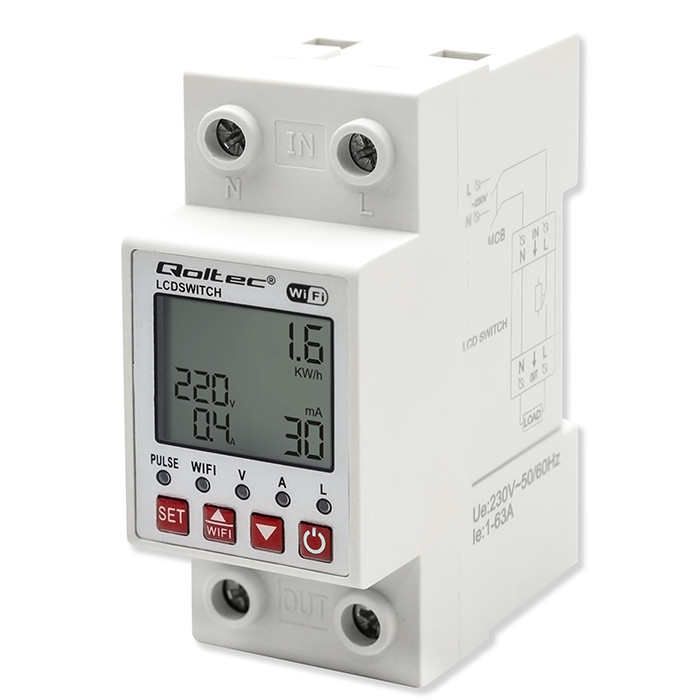 Qoltec Przekaźnik 63A na szynę DIN z licznikiem energii elektrycznej | Timer | Tuya | Wi-Fi | LED
