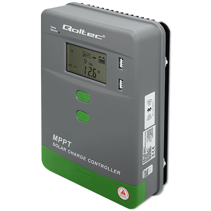 Qoltec Solarny regulator ładowania MPPT z czujnikiem temperatury 30A |12V / 24V | LCD | 2 x USB | Bluetooth | APP | GEL | LiFePO4