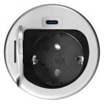 Gniazdo meblowe Ø6cm wpuszczane w blat z pokrywką, ładowarką USB i przewodem 1,9m, 1x2P+Z (Schuko), 1xUSB (typ C; PD20W), srebrne