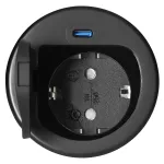 Gniazdo meblowe Ø6cm wpuszczane w blat z pokrywką, ładowarką USB i przewodem 1,9m, 1x2P+Z (Schuko), 1xUSB (typ C; PD20W), czarne