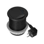 Gniazdo meblowe Ø6cm wpuszczane w blat z pokrywką, ładowarką USB i przewodem 1,9m, 1x2P+Z (French), 1xUSB (typ C; PD20W), czarne