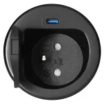 Gniazdo meblowe Ø6cm wpuszczane w blat z pokrywką, ładowarką USB i przewodem 1,9m, 1x2P+Z (French), 1xUSB (typ C; PD20W), czarne