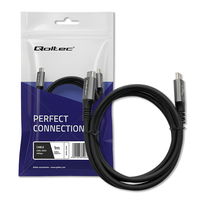 Qoltec Kabel USB4 Ultra-Fast | USB-C PD 240W | Thunderbolt 3/4 | 4K | 40Gb/s | 1m | Czarny