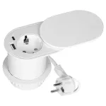 Gniazdo meblowe Ø6cm, wpuszczane w blat z przesuwną pokrywką, ładowarką USB i przewodem 1,9m, 1x2P+Z (Schuko), 2xUSB (typ A+C; PD20W), białe