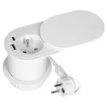 Gniazdo meblowe Ø6cm, wpuszczane w blat z przesuwną pokrywką, ładowarką USB i przewodem 1,9m, 1x2P+Z (French), 2xUSB (typ A+C; PD20W), białe