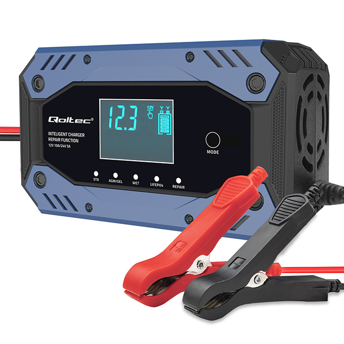 Qoltec Inteligentna ładowarka do akumulatora STD AGM GEL LiFePO4 | Prostownik z funkcją naprawy |12-24V |10A | LCD | 9 - stopniowe ładowanie