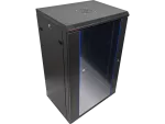 Szafa wisząca 19" 18U 600x450, drzwi szklane jednoskrzydłowe, tył osłona pełna demontowalna, osłony boczne pełne demontowalne zamykane na klucz, 4 belki, kolor czarny, do samodzielnego montażu - Flat Pack, ALANTEC