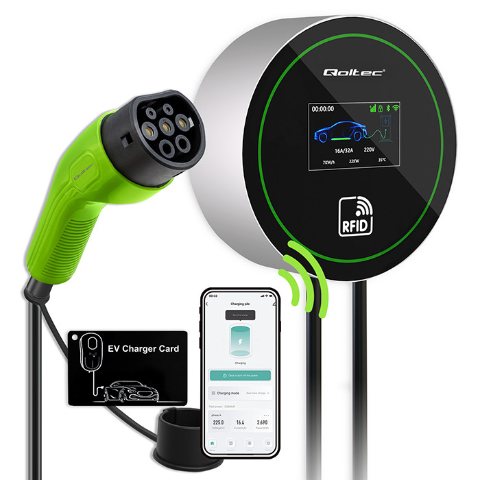 Qoltec Stacja ładowania EV 2w1 Typ2 | 22kW | Wi-fi|  | LCD | 3 fazy | Wallbox | Smart life app| RFID | 5m