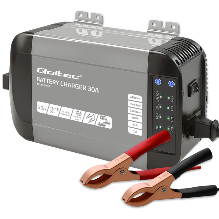 Qoltec Inteligentna profesjonalna ładowarka Monolith do akumulatorów LiFePO4 AGM GEL SLA | 30A | 12V