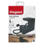 PRZEDŁUŻACZ Z KLIPSEM 4X2P+Z, 2XUSB A, Z PRZEWODEM 1.5 METRA 3X1.5 MM2 - CZARNY, Legrand