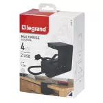 PRZEDŁUŻACZ Z KLIPSEM 4X2P+Z, 2XUSB A, Z PRZEWODEM 1.5 METRA 3X1.5 MM2 - CZARNY, Legrand