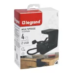 PRZEDŁUŻACZ Z KLIPSEM 4X2P+Z, 2XUSB A, Z PRZEWODEM 1.5 METRA 3X1.5 MM2 - CZARNY, Legrand