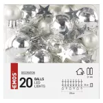 Dekoracje - 20 LED srebrne kule z gwiazdami 1,9 m, 2x AA, ciepła biel, IP20, timer