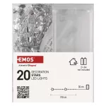 Lampki choinkowe gwiazdki 20 LED ciepła biel, srebrny przewód, IP20, timer