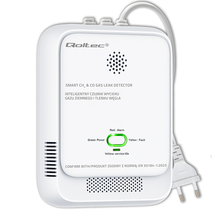 Qoltec Certyfikowany Czujnik wycieku gazu ziemnego i tlenku węgla (czadu) | detektor CH4  CO | żywotność sensora 5 lat | alarm 85dB | LED