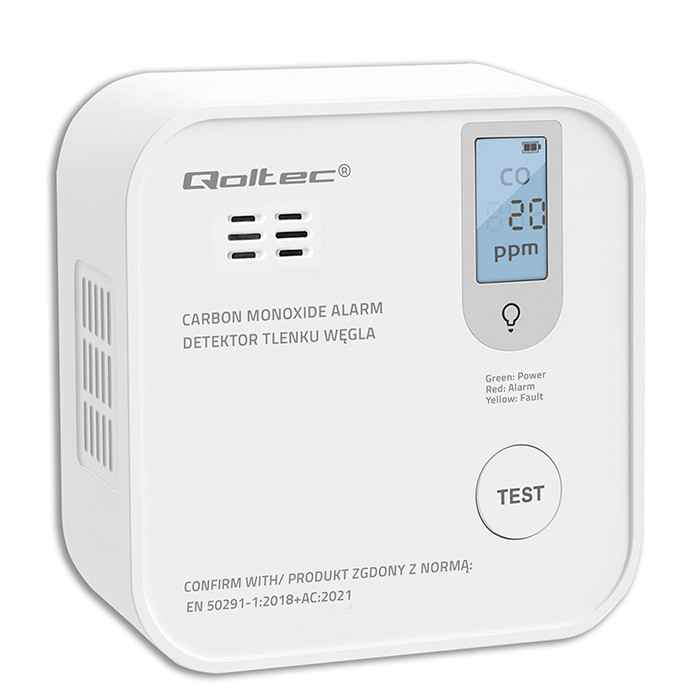 Qoltec Certyfikowany bezprzewodowy Czujnik tlenku węgla (czadu) z baterią | detektor CO | żywotność sensora 10 lat | alarm 85dB | LED