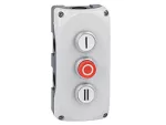 LPZP3B8905 Szara obudowa LPZP3A8 z białym przyciskiem krytym LPCB1118 "I" i zestykiem 1NO, czerwonym przyciskiem wystającym LPCB2104 "O" i zestykiem 1NC oraz białym przyciskiem krytym LPCB1128 "II" i zestykiem 1NO