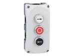 LPZP3B8908 Szara obudowa LPZP3A8 z białym przyciskiem krytym LPCB1148 "strzałka w prawo" i zestykiem 1NO, czerwonym przyciskiem krytym LPCB1104 "O" i zestykiem 1NC oraz czarnym przyciskiem krytym LPCB1142 "strzałka w lewo" i zestykiem 1NO